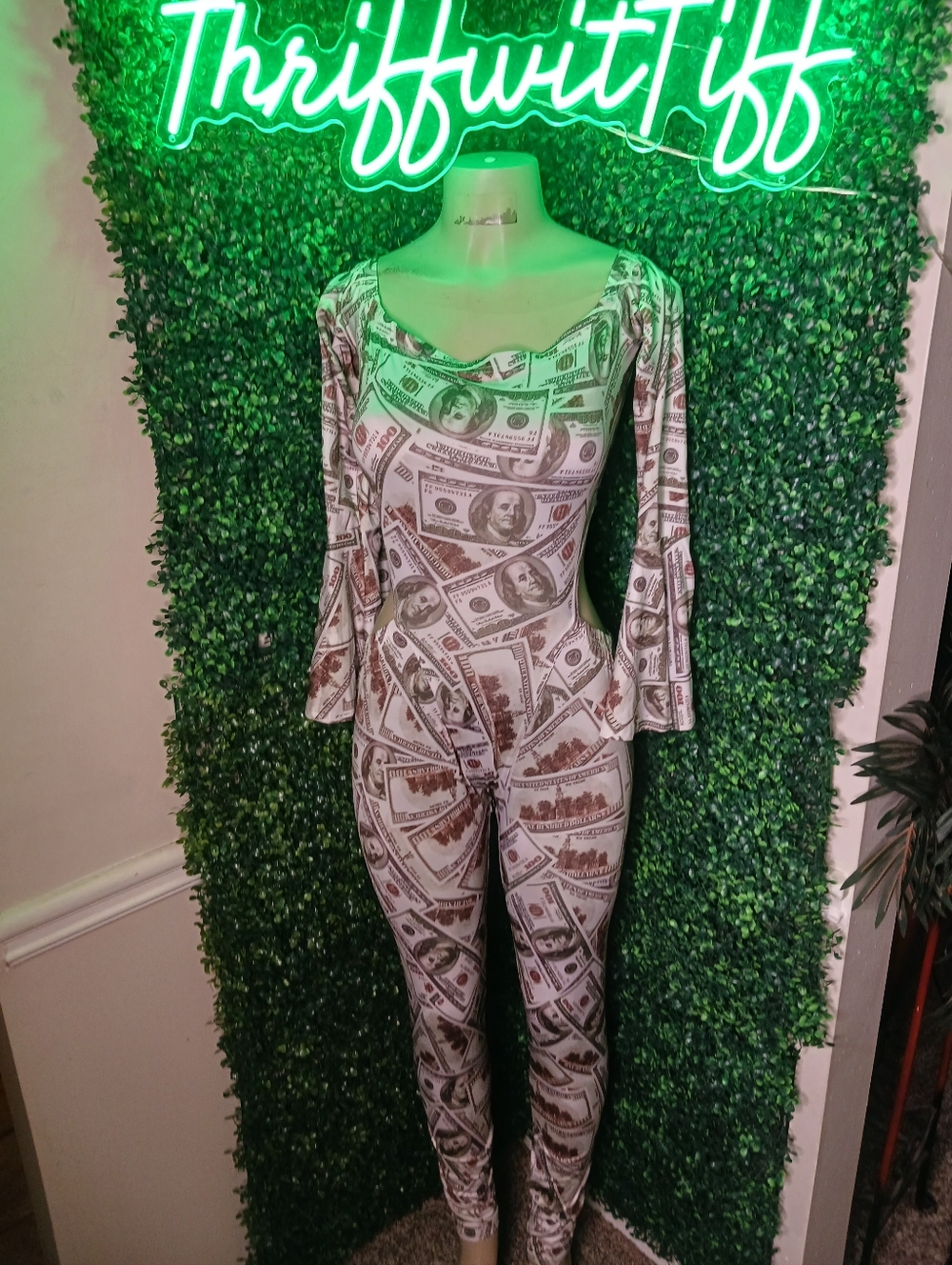 Money-Print Long Sleeve Jumpsuit - White/Brown